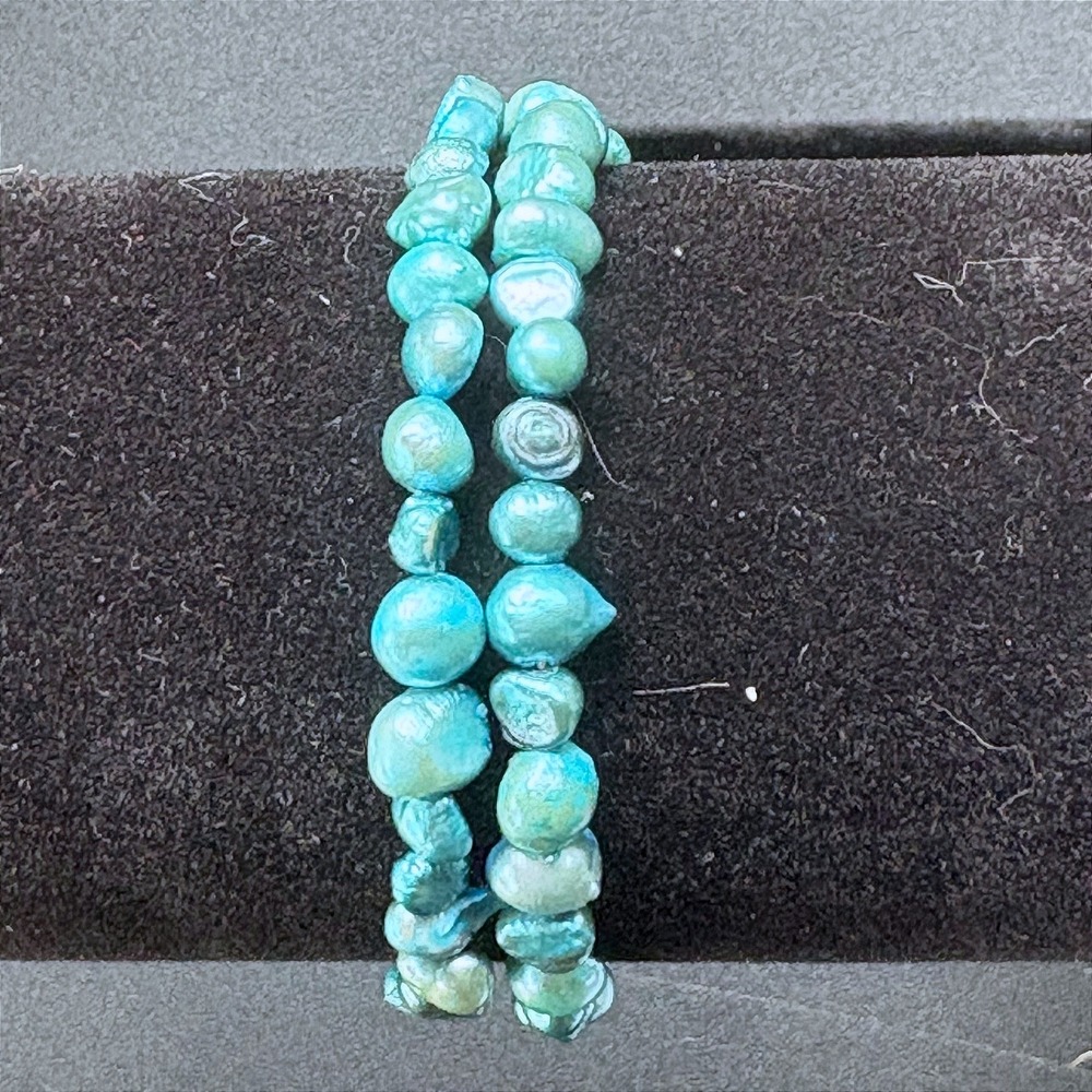 Teal Freshwater Pearl Wrap Bracelet Iridescent Baroque Bead Memory Wire Coil